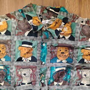 Vintage Burma Bibas Dogs Silk Button Shirt